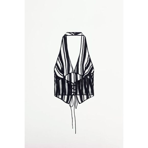 NWOT Zara Black Striped Organza Translucent V-Neck Halter Top, Size Medium - Picture 3 of 15